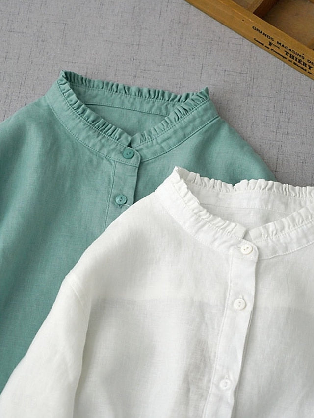 Women's Shirt Button Up Faux Cotton Linen Daily Long Sleeve