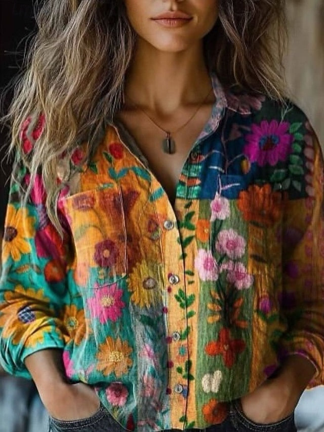 Women's Shirt Boho Shirt Buttons Print Floral Vintage