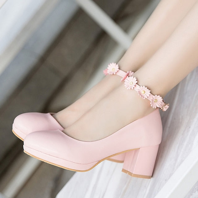 with Ankle Shoes Block White Daisy Flower Heel Girls'