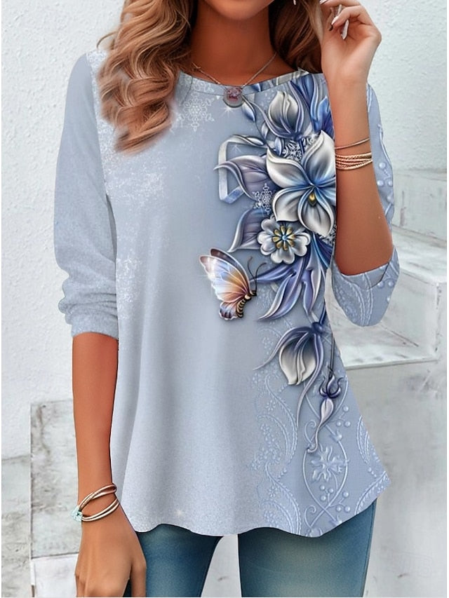 Women's T shirt Crew Neck Long Sleeve Tunic Graphic