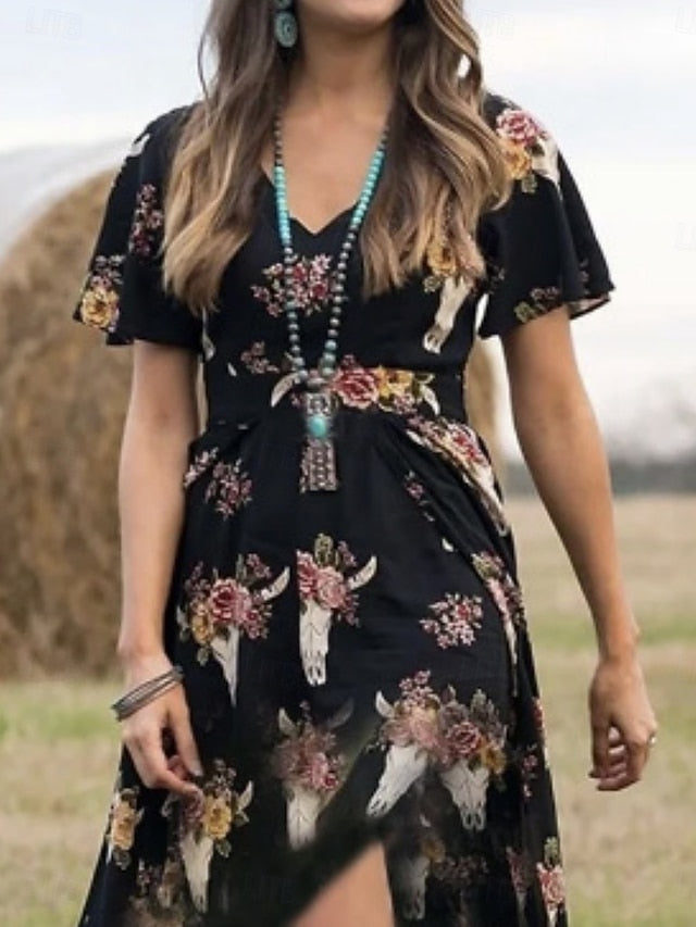 Women's Boho Dress Western Dress Vintage Maxi Dress A Line