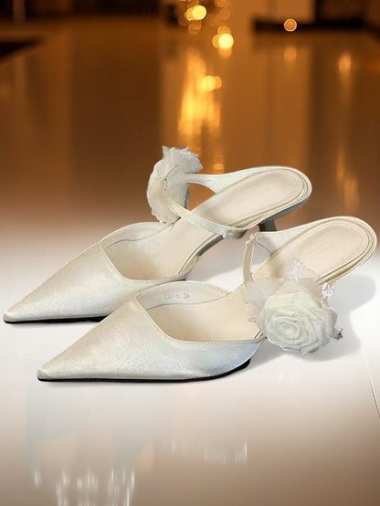 with Pointed Green Heels Ankle Satin Women's Floral Toe