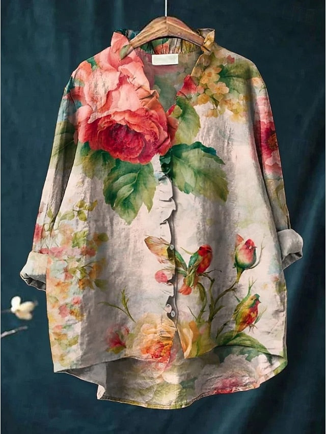 Women's Boho Shirt Ruffle Floral Graphic Bohemia Vintage