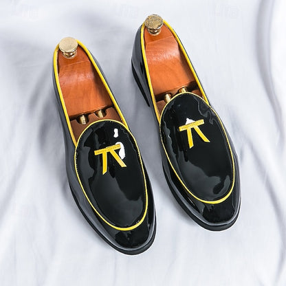 Patent Faux with Trim Loafers Yellow Men's Leather Black