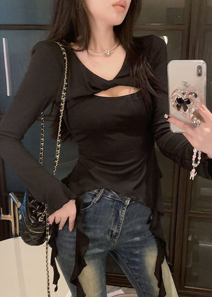 lim Fit Hollow Spring Cotton Shirt Red T Asymmetrical Out