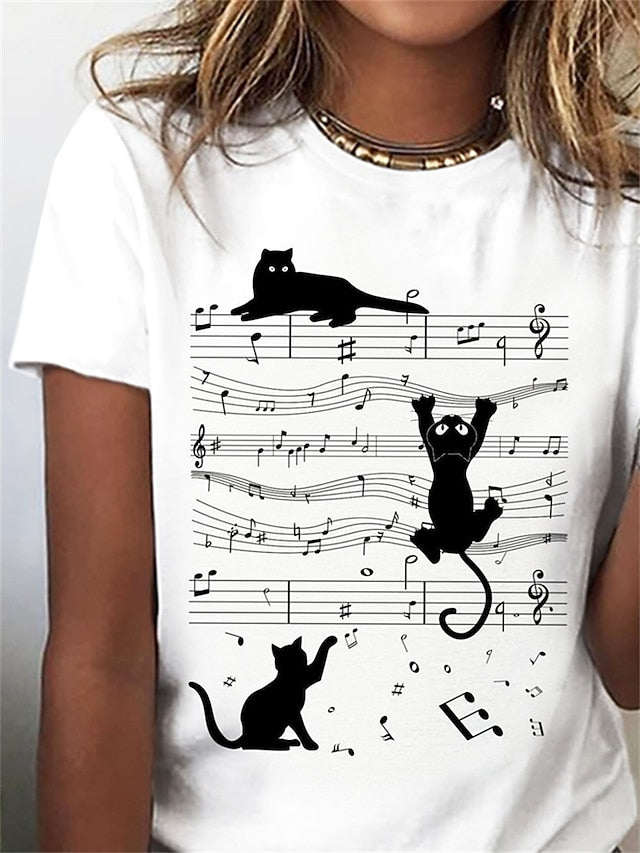 Women's T Shirt Basic Cat Print Short Sleeve Regular Tops