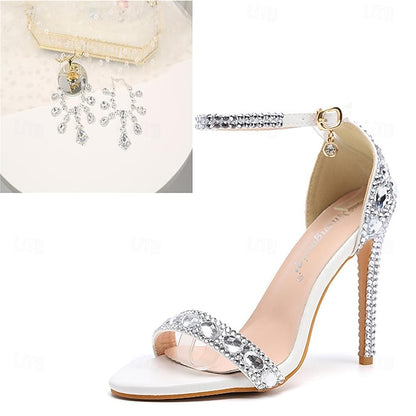 Ankle Heels Stiletto Matching Women's with Rhinestone Green