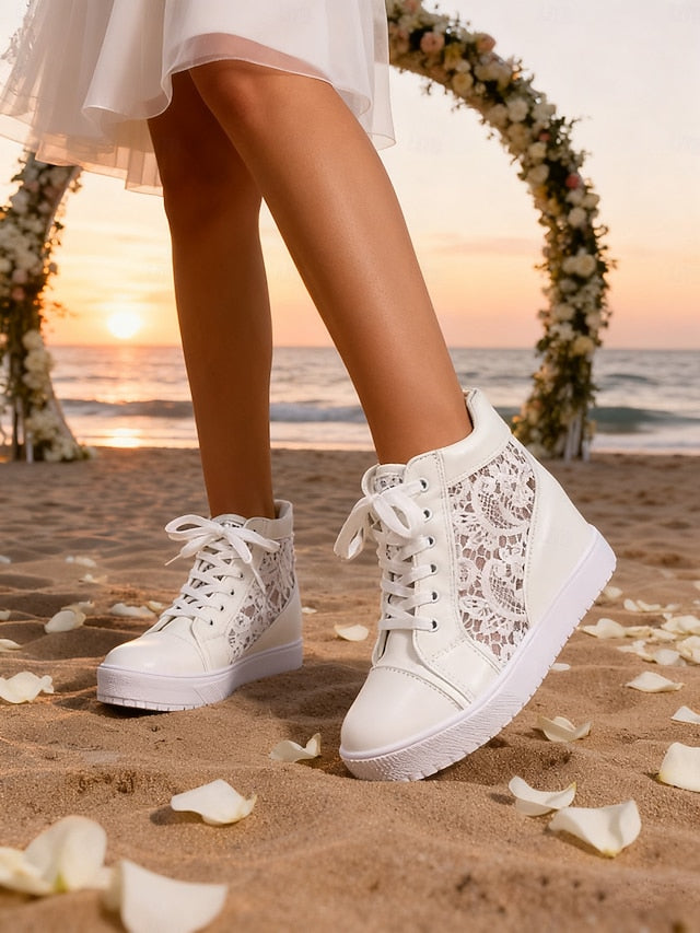 Women's White Lace High-Top Bridal Sneakers with Hidden