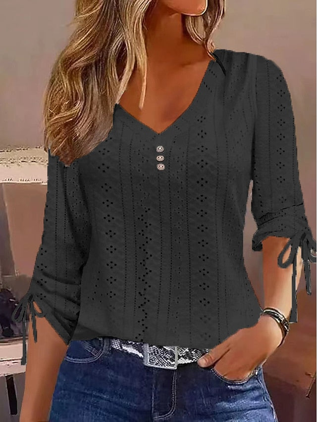 Women's T Shirt Eyelet top Dressy Tops Buttons Plain