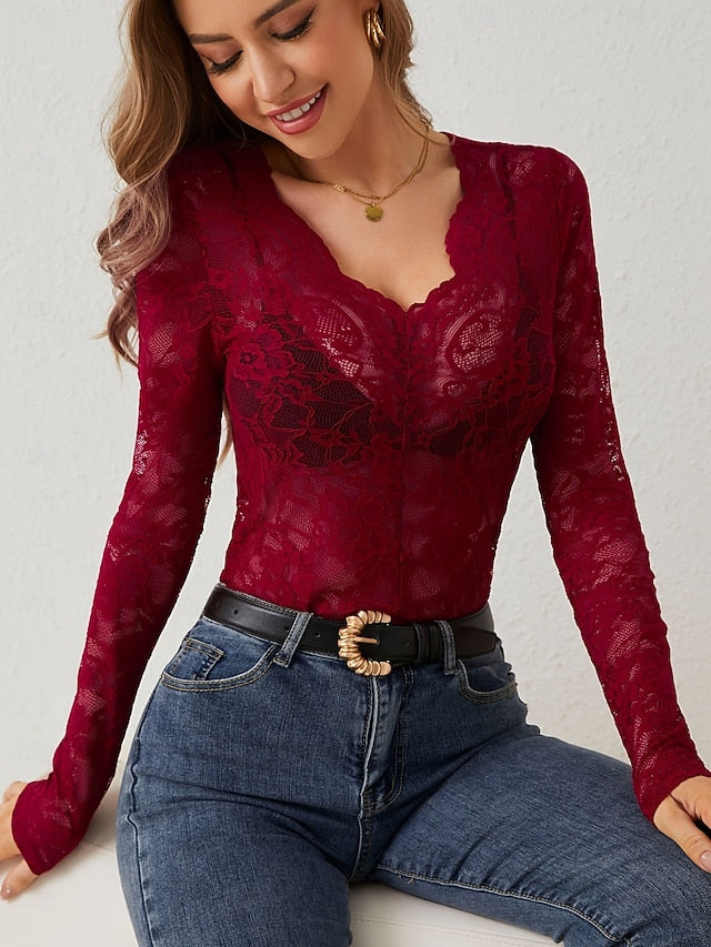 Women's Lace Splicing Top Lace Sexy Long Sleeve V Neck