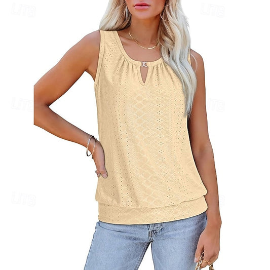Women's T Shirt Eyelet Solid Color Casual Sleeveless Crew