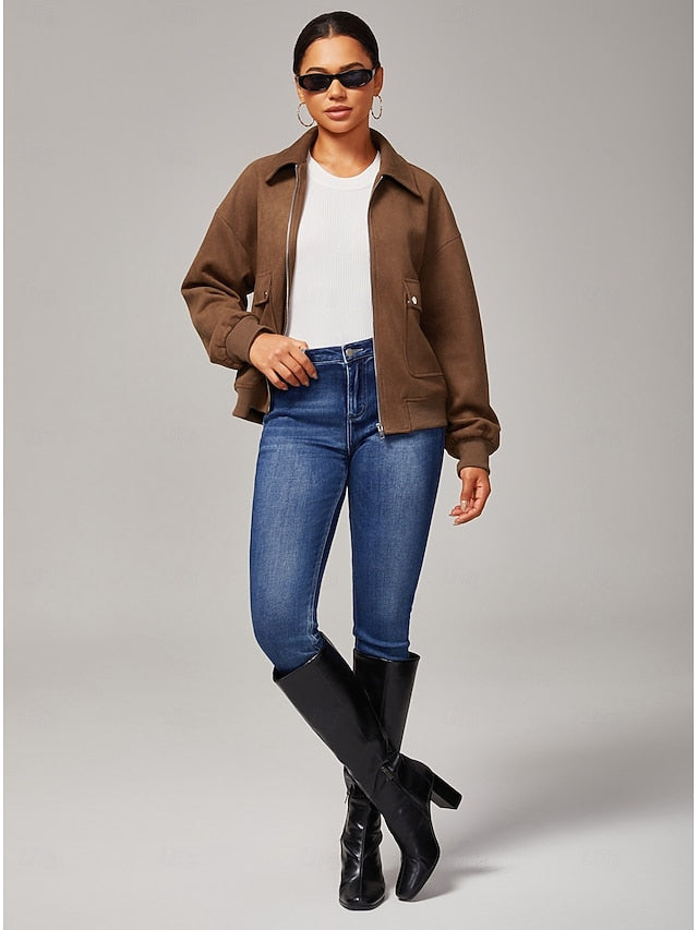 Women's Relaxed Faux Suede Zip Jacket Lapel Collar Ribbed