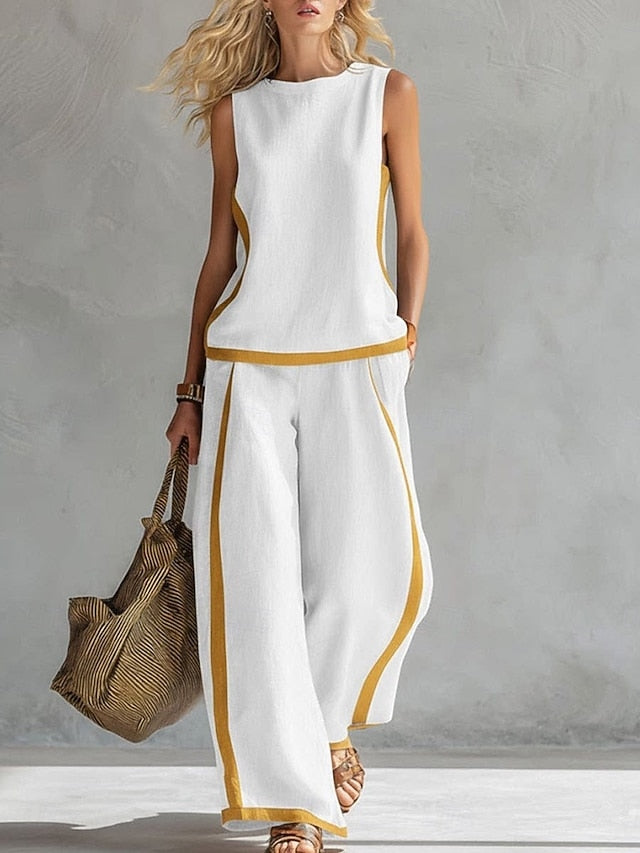 Women's Pants Sets Sleeveless Round Neck Striped Fashion