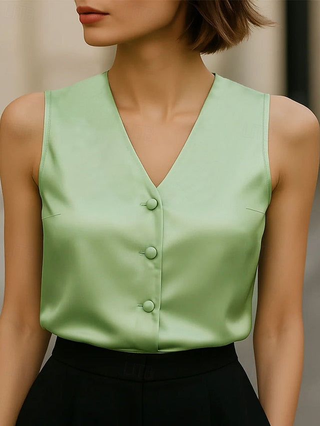 Women's T Shirt Patchwork Buttons Solid Color Elegant