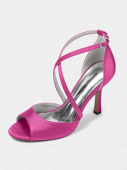 Satin – White Women's Cross-Strap Peep-Toe Heels Elegant