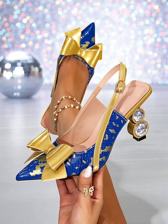Gold and Heel Pumps - Slingback Women's Blue High Bow