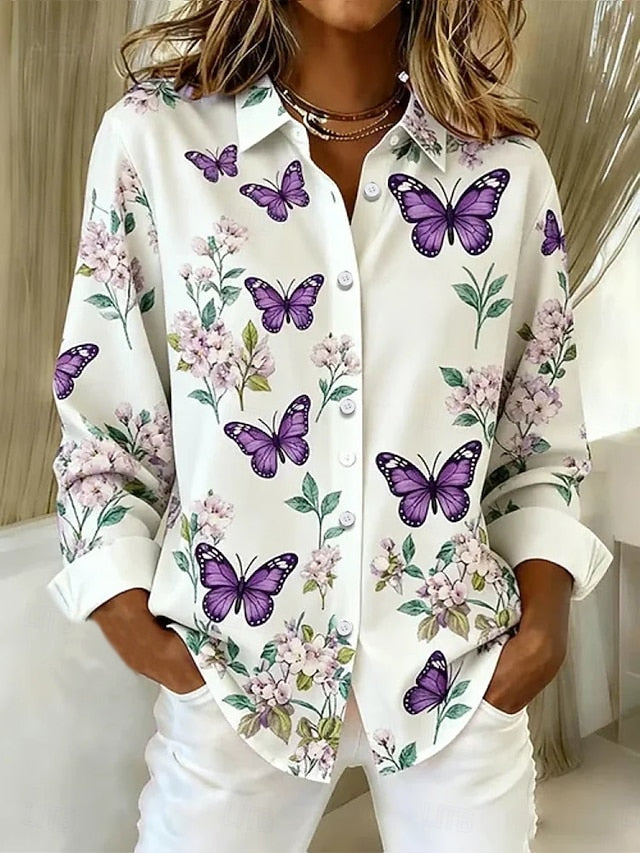 Women's Shirt Buttons Print Butterfly Vintage Stylish