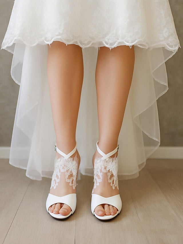 Block Ankle Lace - Strap Heel with White Sandals Women's