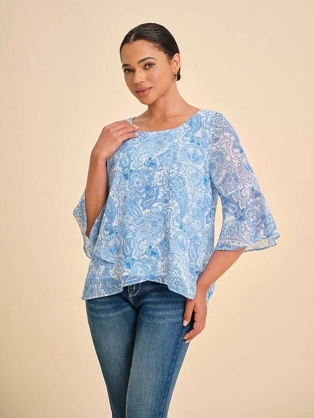 Women's Female Paisley Casual Sky Blue 3/4 Sleeve Elegant