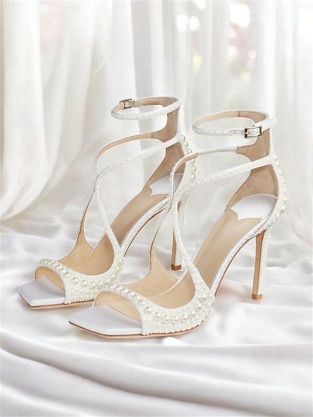 Stiletto Sandals Pearl-Embellished White Open-Toe with Ankle