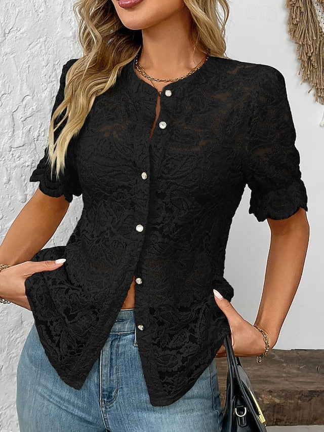 Women's Blouse Lace Tops Lace Buttons Plain Vintage Stylish
