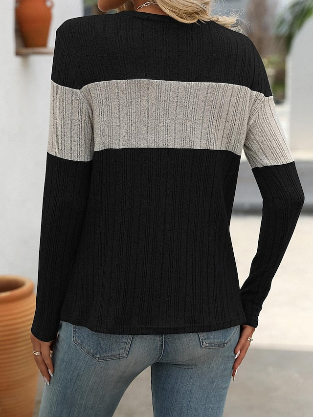 Women's Sweater Stylish Color Block Ribbed Crew Neck Print