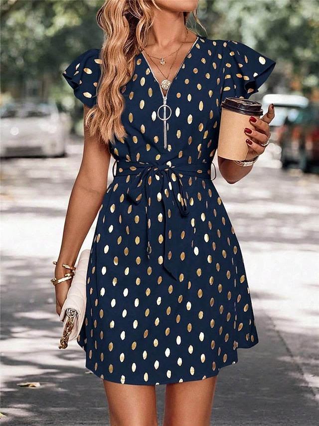 Women's Casual Dress Polka Dot Zipper Print V Neck Mini