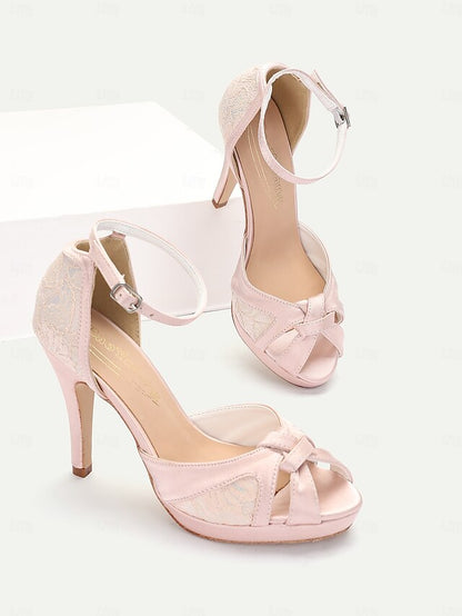 Women's Peep Pink Sandals Satin Elegant High with Heel Toe