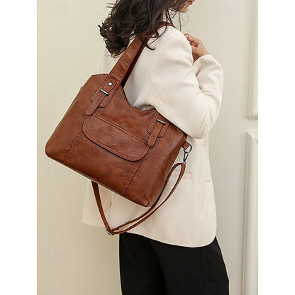 Brown Faux Bag Women's Leather Tote with Vintage Dual
