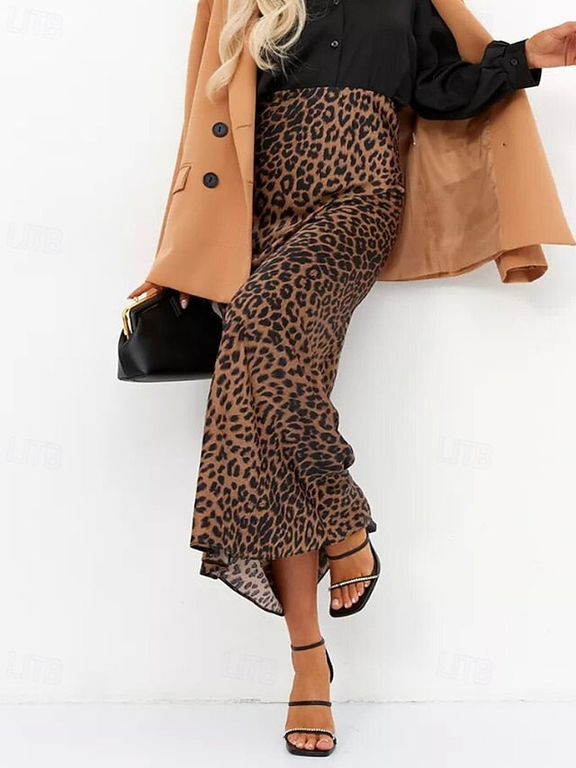 Women's Fashion Sexy Maxi High Waist Skirts Leopard Ruched
