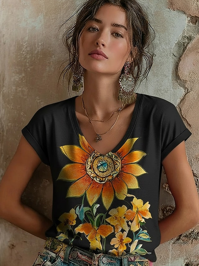 Women's T Shirt Print Graphic Sunflower Bohemia Vintage