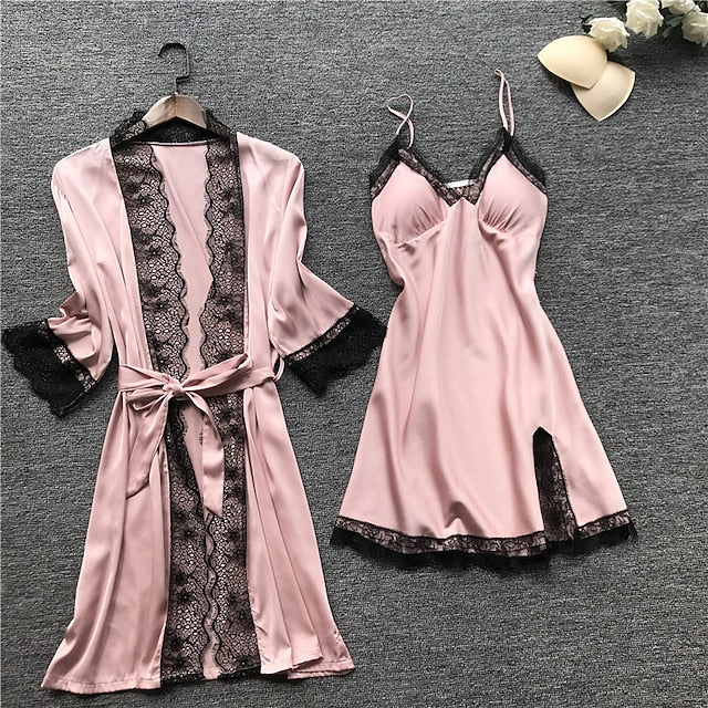 Women's Lace Satin Silk Pajamas Sets 4 Pcs Home Party Daily