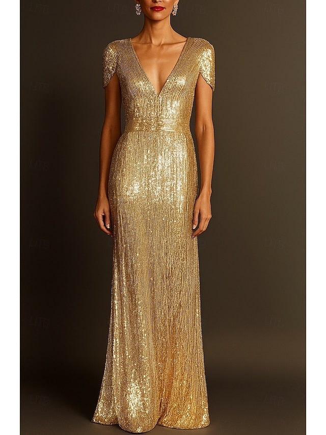 Black Formal Gold Wedding Elegant Evening Column Dress Gown