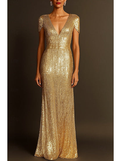 Black Formal Gold Wedding Elegant Evening Column Dress Gown