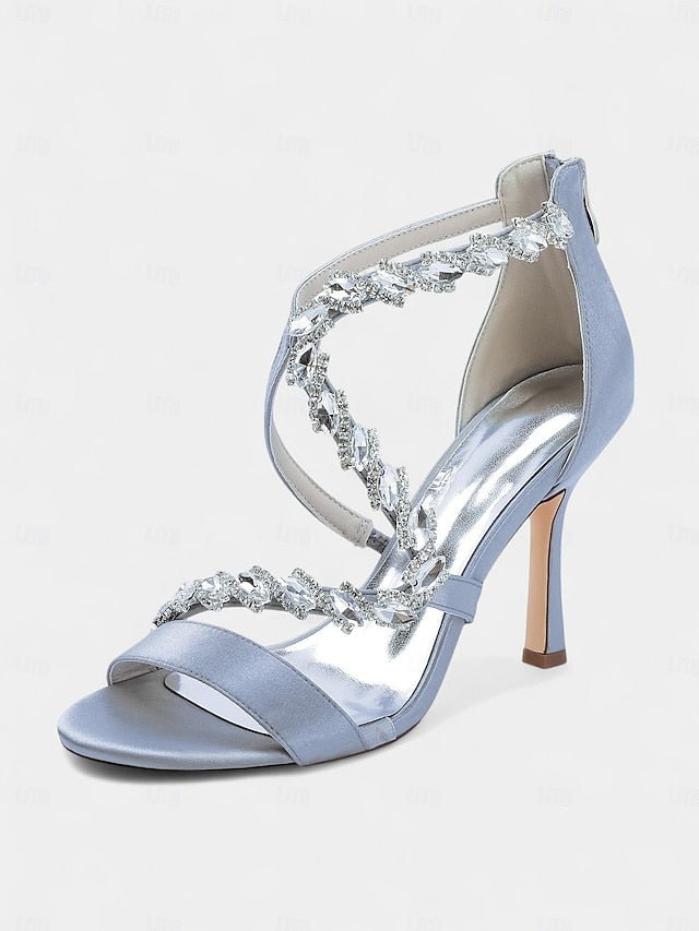 - High White Strappy Rhinestone Women's Sandals Heel