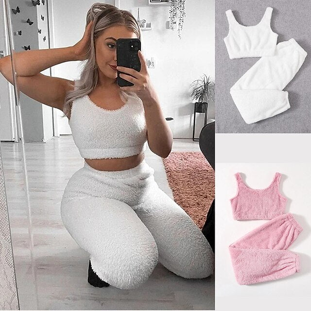 Solid Fuzzy Lounge Set Warm Tank Crop Top & Elastic
