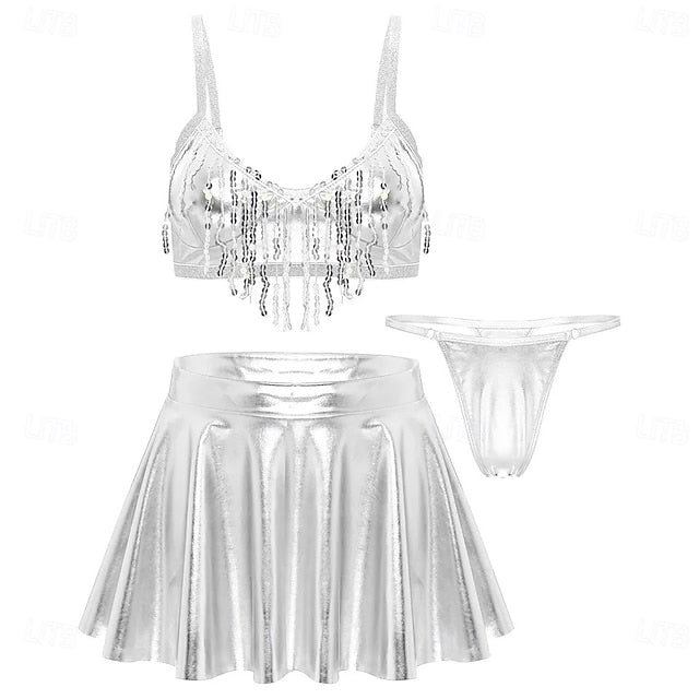 Retro Vintage 1980s Rave Skirt Outfits Crop Top Disco Shiny