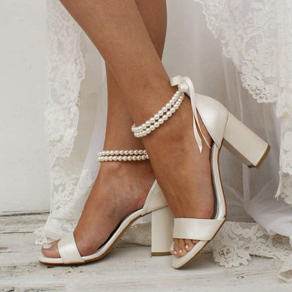 Anklet Pearl - White Block with Wedding Sandals Satin and Heels