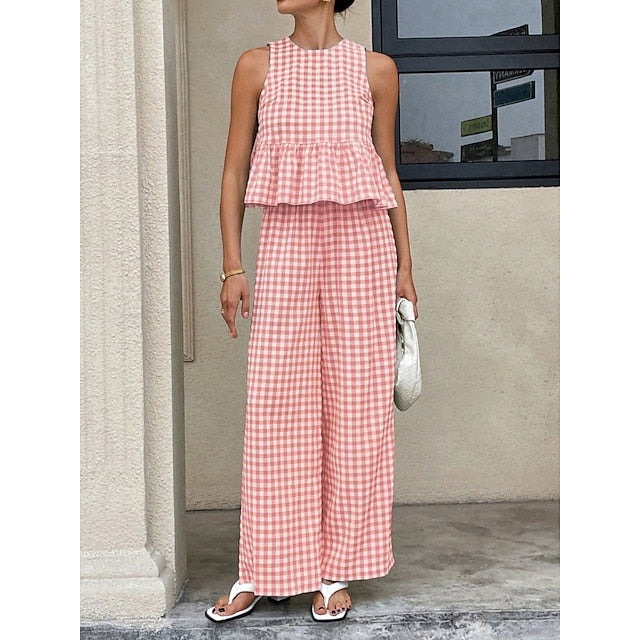 Women's Pants Sets Bolero Top Sleeveless Crew Neck Plaid