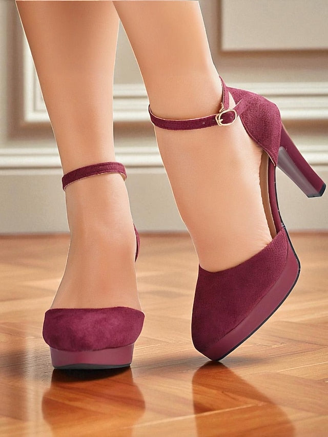 Platform High Strap Women's Burgundy Suede Heel 1950s Ankle