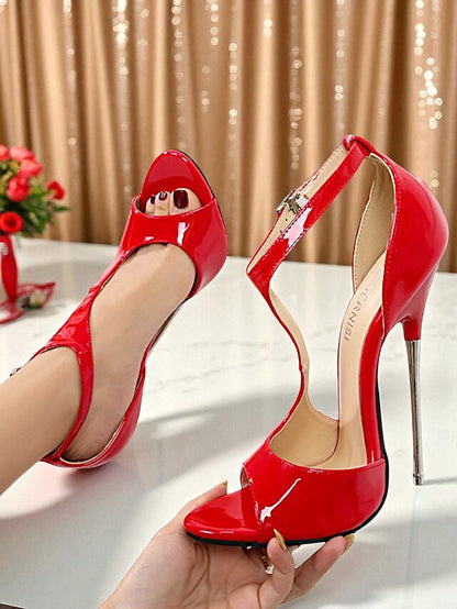 Red Open Heels Women's - Strappy Patent Stiletto Leather