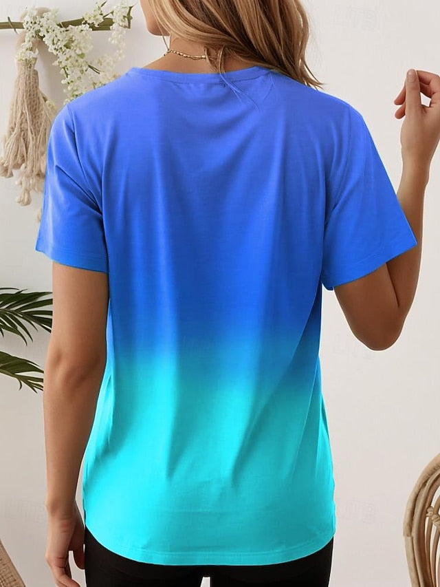 Women's T shirt Casual Ombre Round Neck Yellow Red Gradient