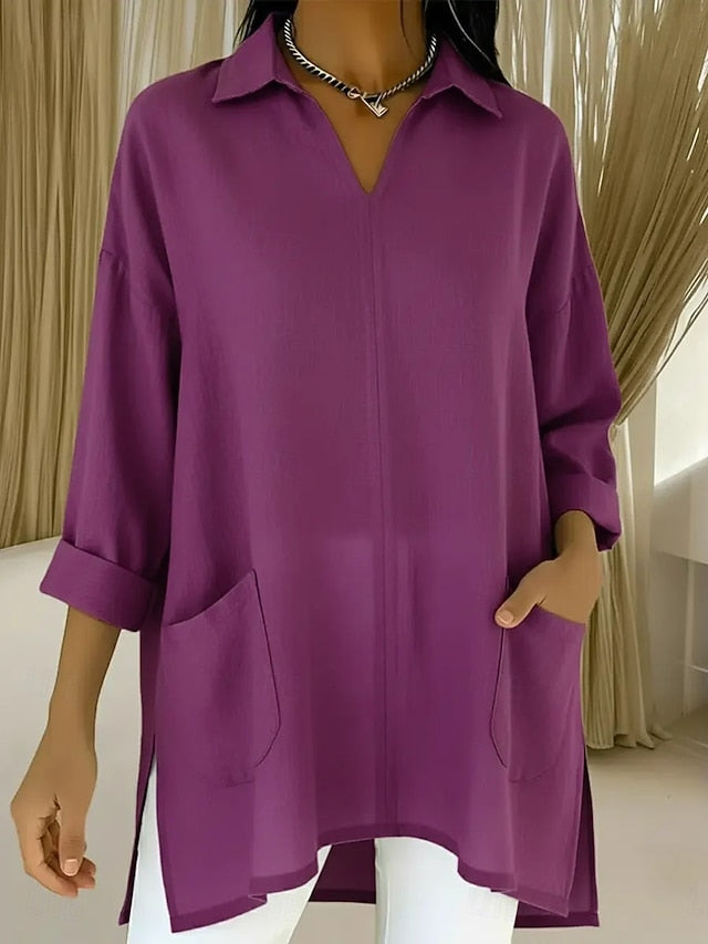 Women's Tunic Cotton Shirt Faux Cotton Linen Pocket Solid