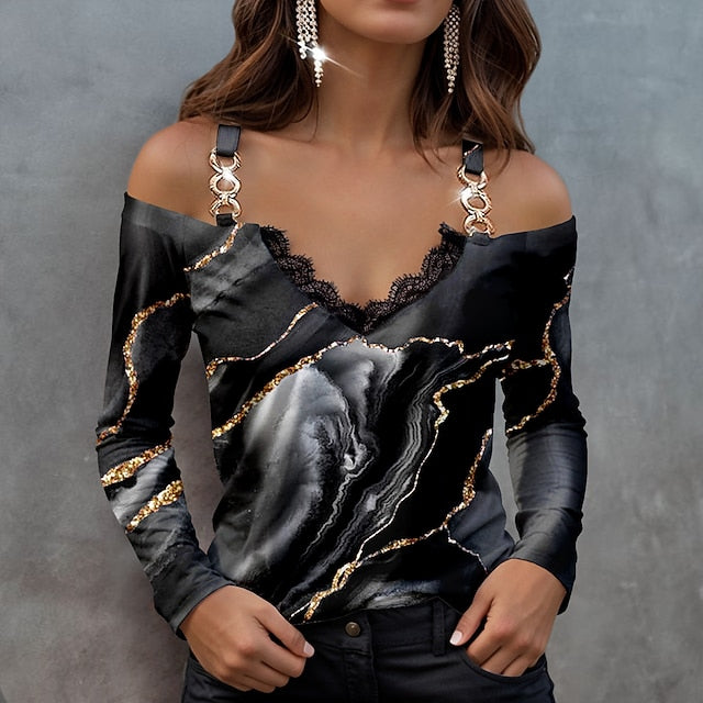 Women's Blouse Long Sleeve  V Neck Fashion Abstract Print