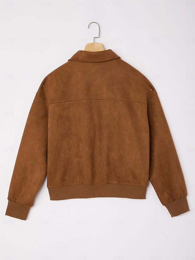 Women's Relaxed Faux Suede Zip Jacket Lapel Collar Ribbed