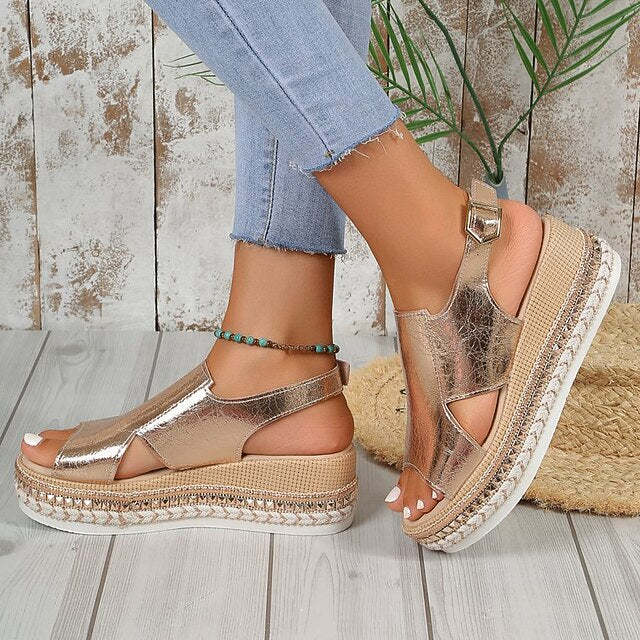 Faux Gold Platform Espadrille Leather Women's Metallic