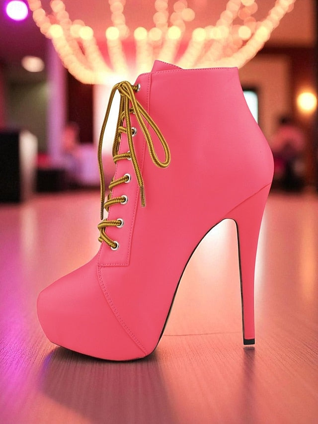 Boots Beige Platform Women's - Lace-Up Ankle Leather Faux