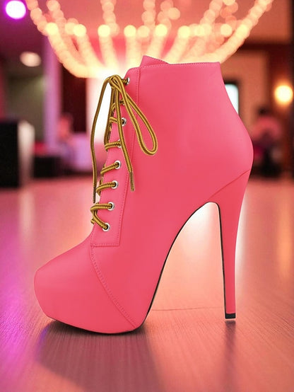 Boots Beige Platform Women's - Lace-Up Ankle Leather Faux