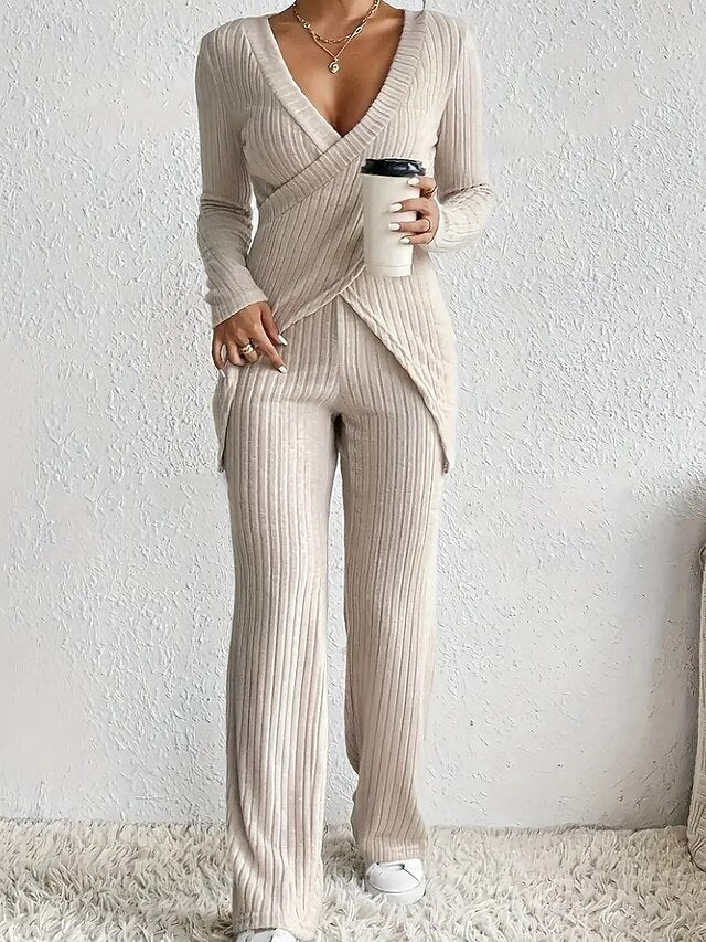 Women's Blouse Pants Sets Bolero Top Long Sleeve V Neck