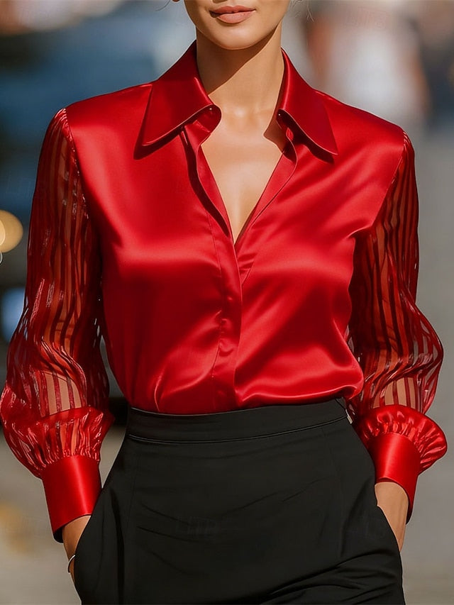 Women's Shirt Elegant Satin Top Blouse Ruched Lace